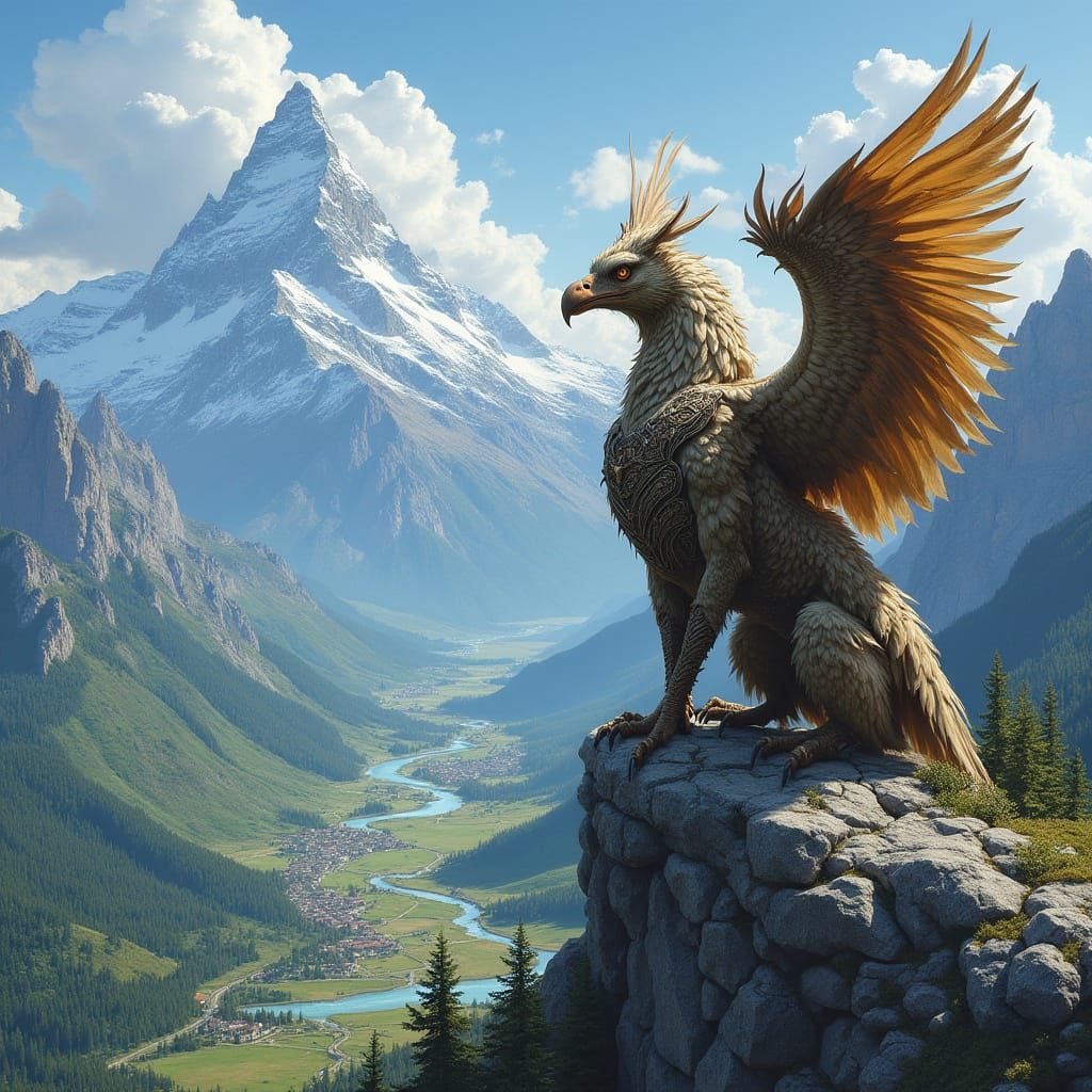 Griffin Perched Atop Mountain Peak