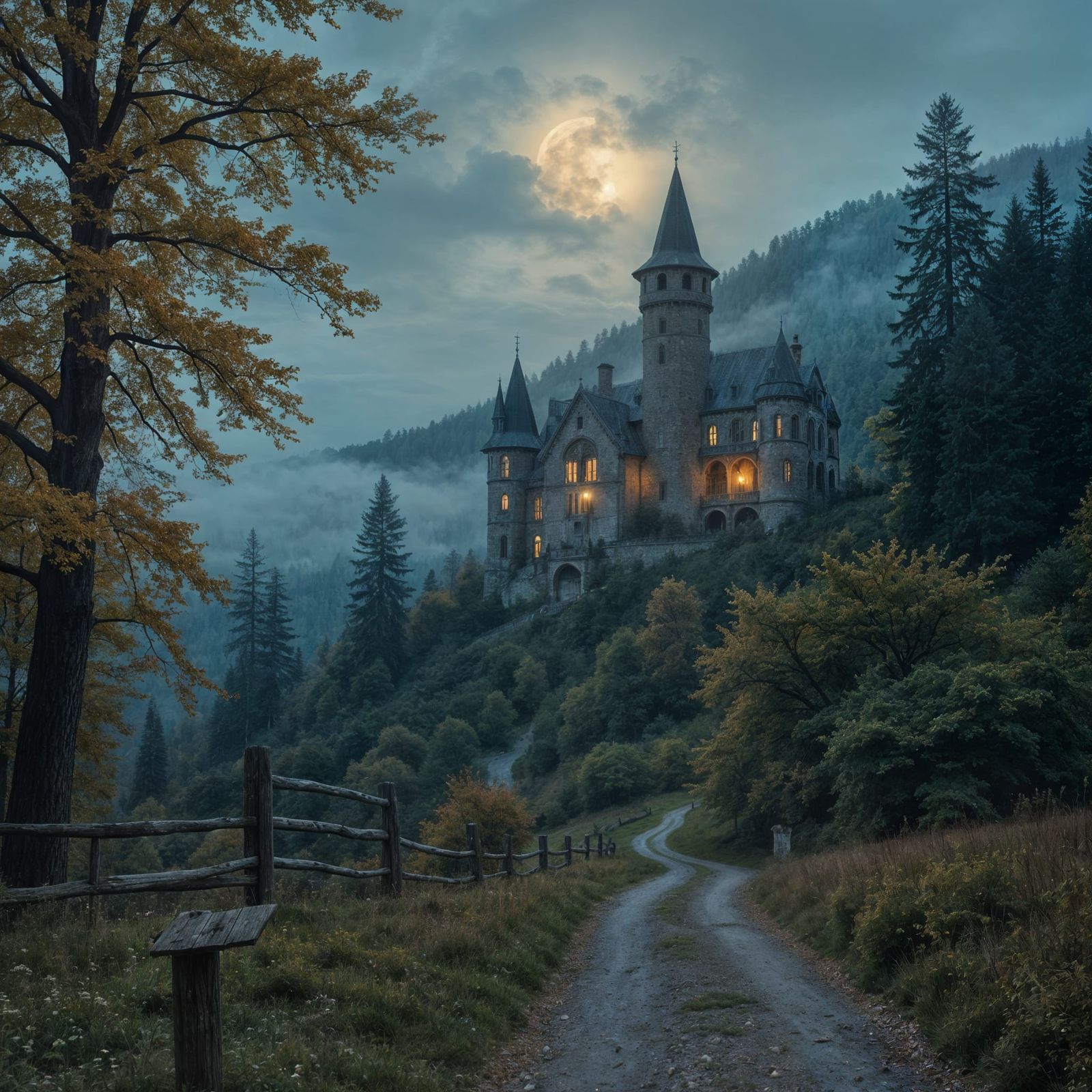 Elegant Manor House Ascends on Forested Hillside at Night