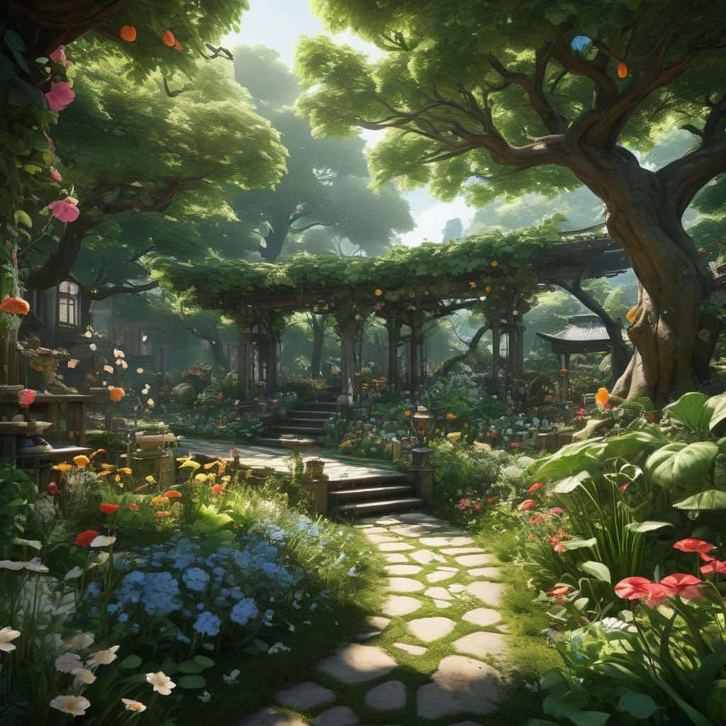 Vibrant Anime Garden Scene in Hyper-Detailed 3D Style