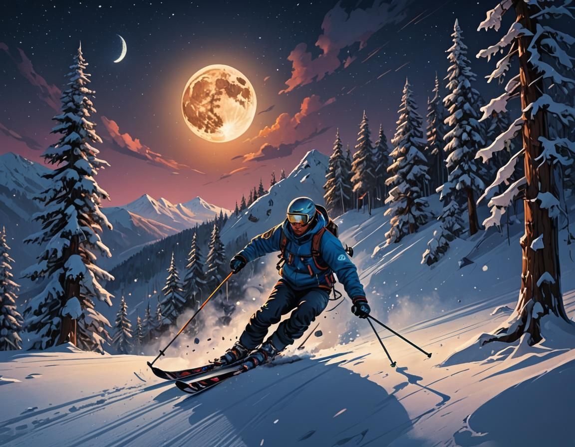 Night Skiing Adventure Under Full Moon