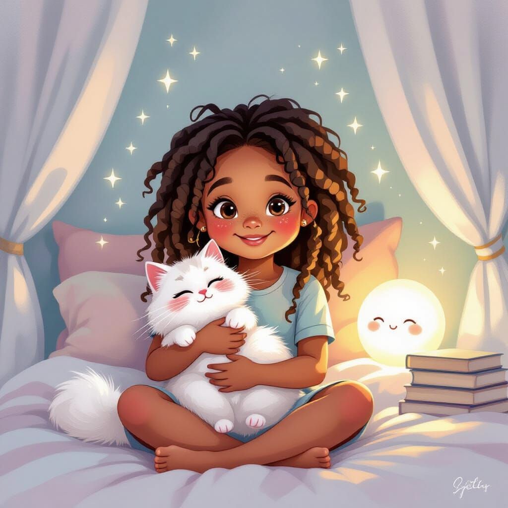 Girl with Cat in Dreamy Pastel Bedroom, Watercolor Style
