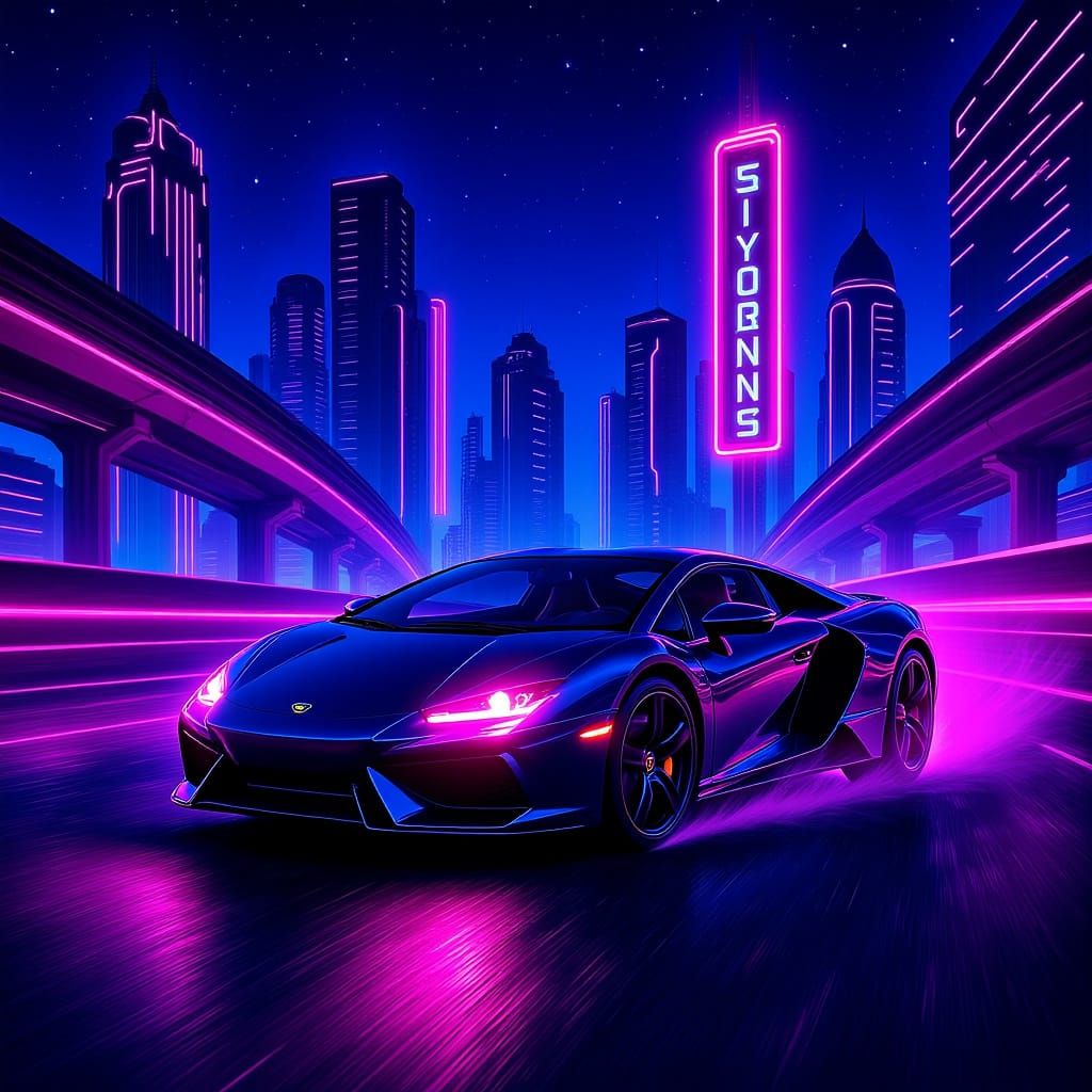 Synthwave Sports Car Speeding on Neon Highway