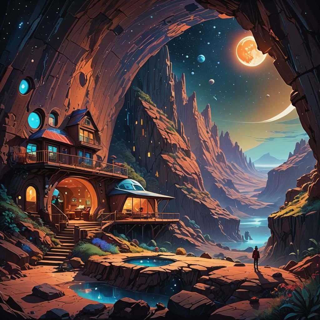 Luxurious Cave House with Starry Window, as Matte Painting
