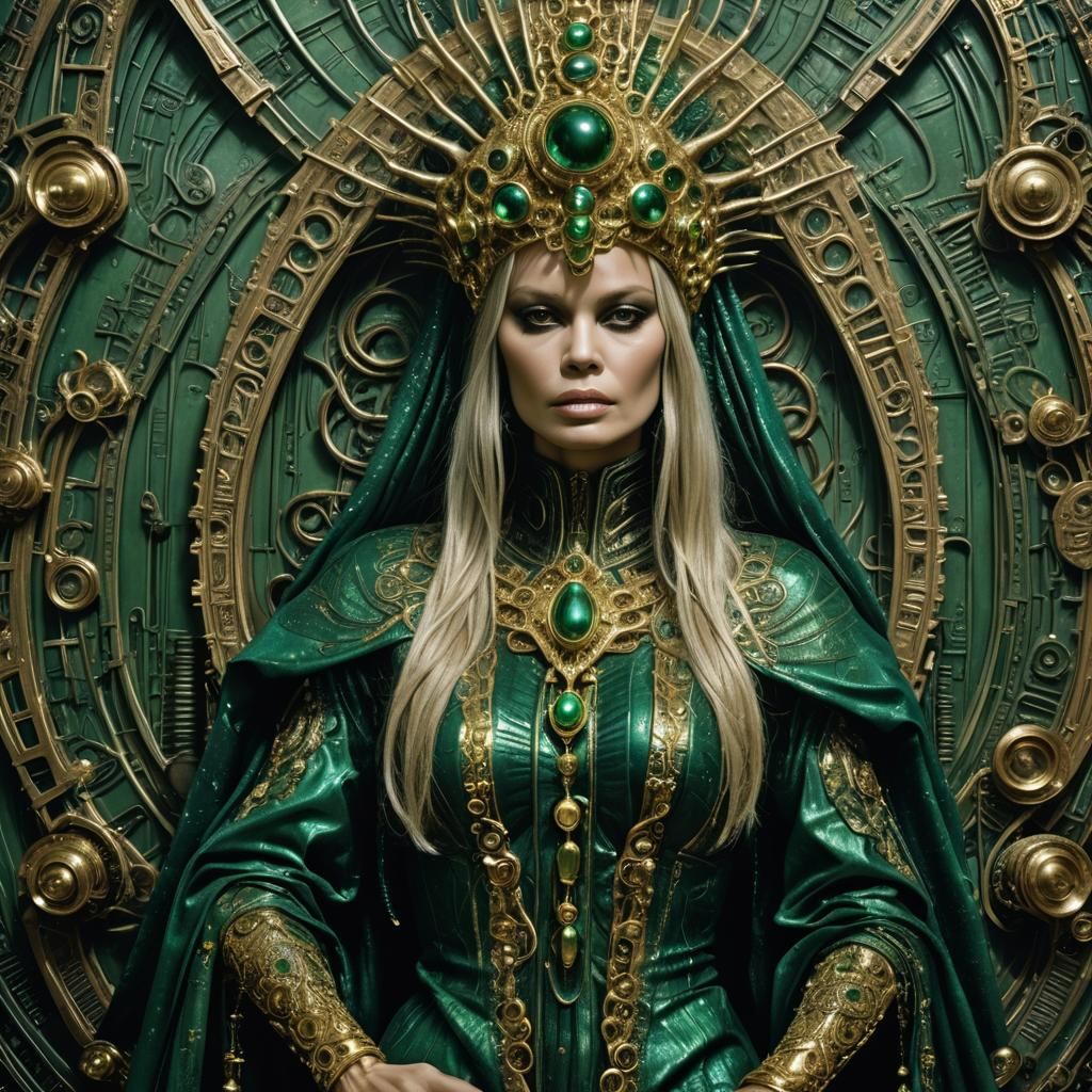 Biomechanical Nefertiti with Emerald Robe in Dark Fantasy St...