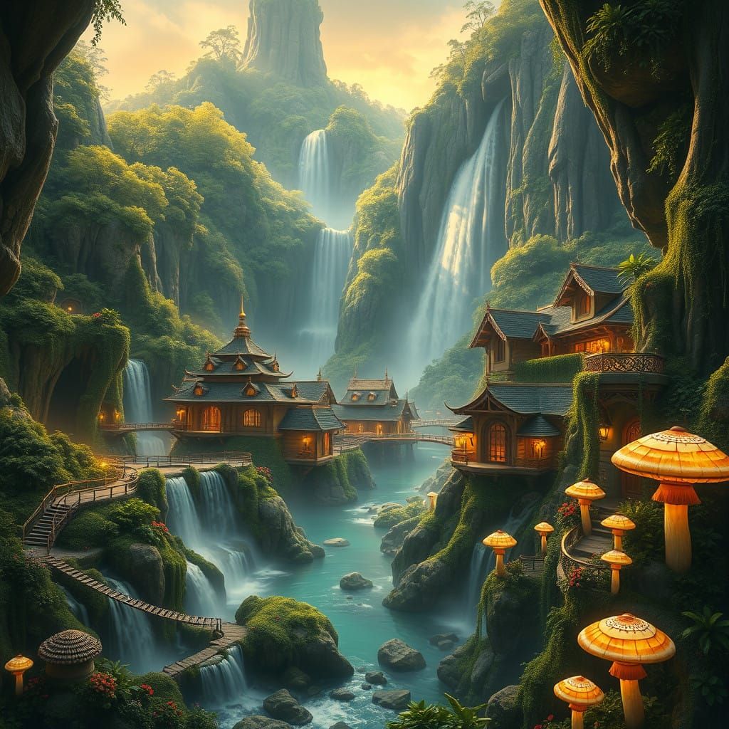 Enchanted Valley Oasis with Waterfalls and Ancient Caves