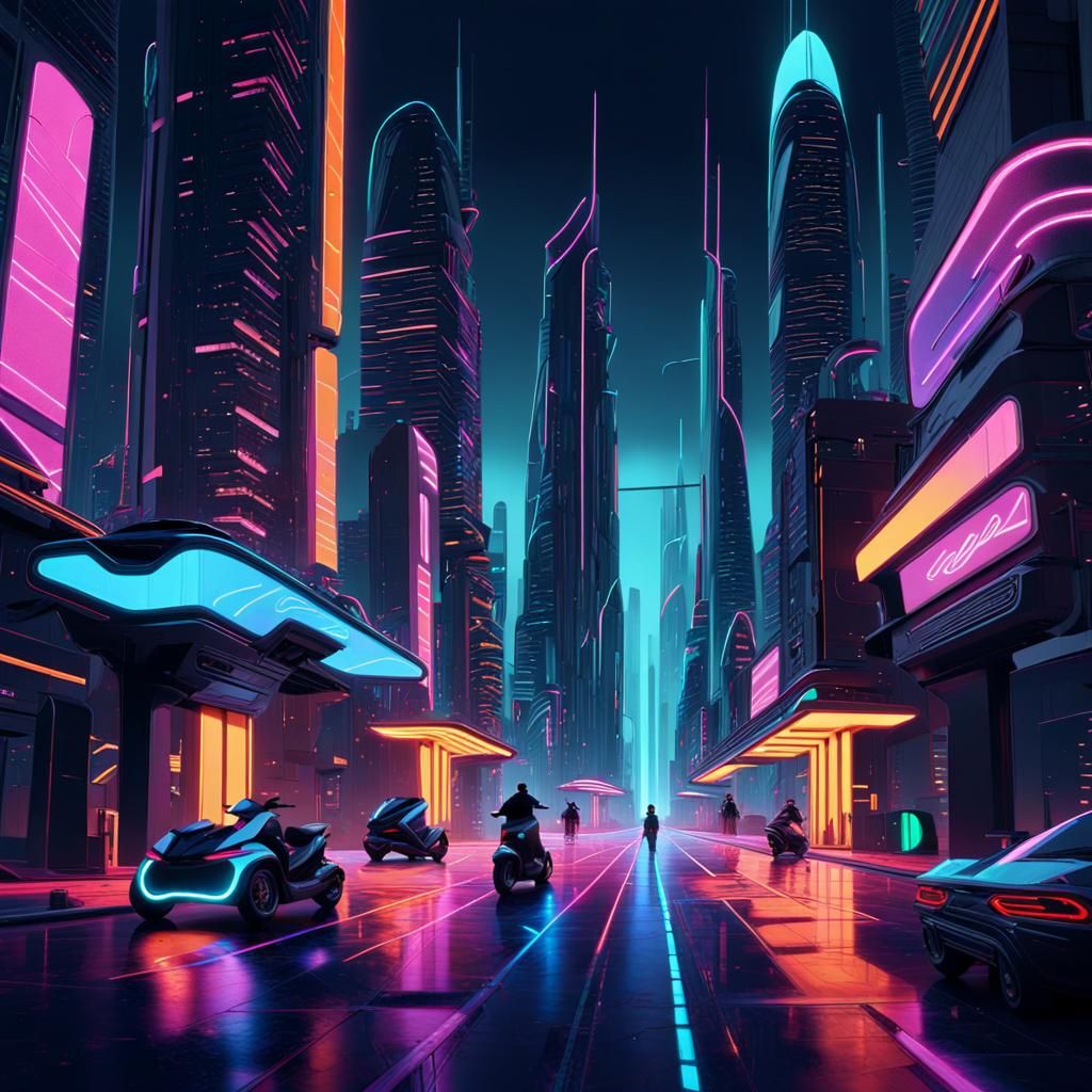 Futuristic Cityscape in Neon-Lit Nighttime