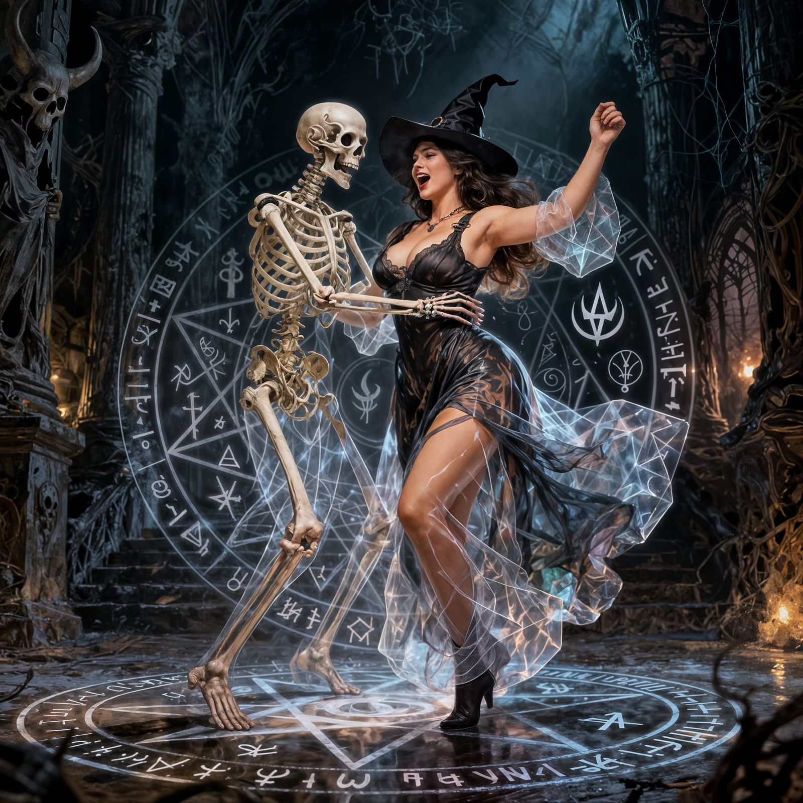 Morbid Dance: Witch and Skeleton in Sinister Temple