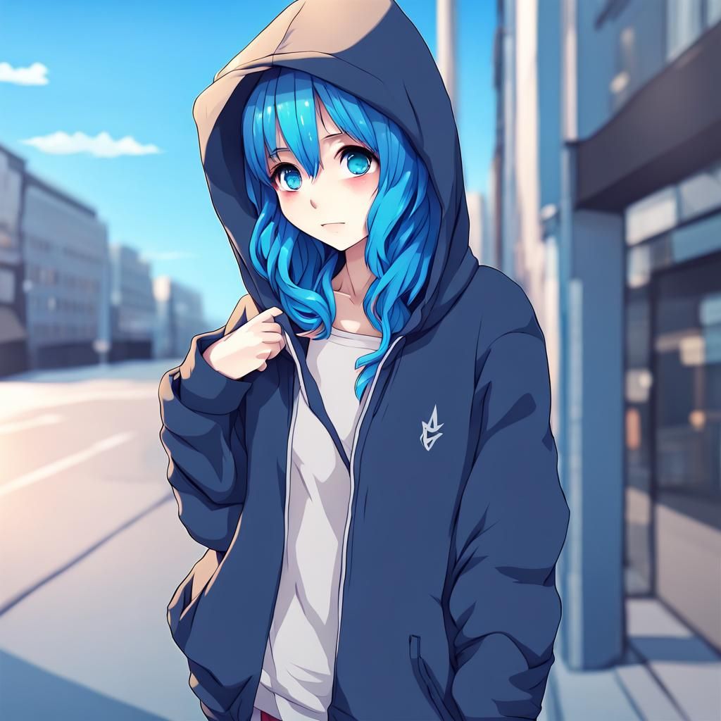 Anime Blue Hair Girl in Hoodie