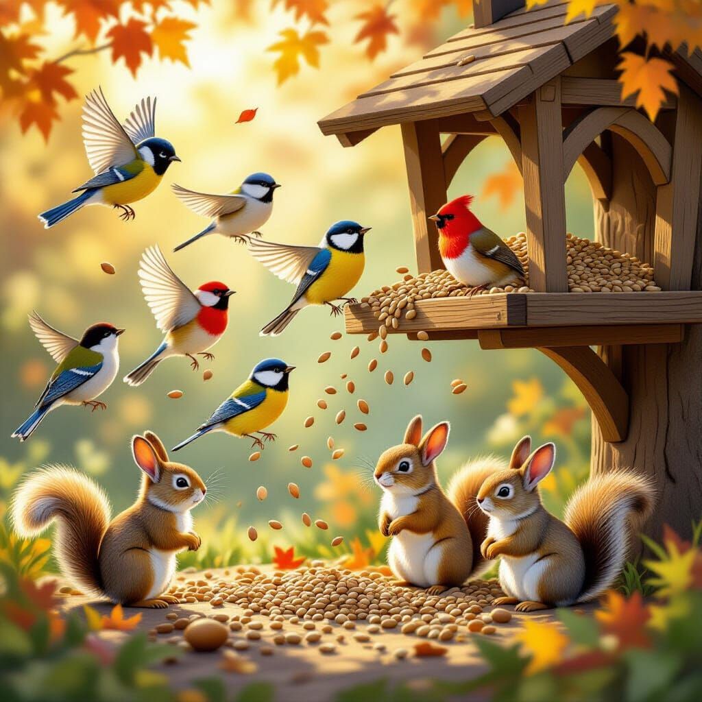 Colorful Birds Scatter Seeds for Forest Friends in Autumn Ga...