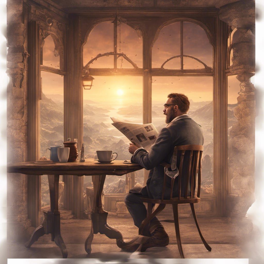 Man Reading Newspaper at Sunrise: Detailed Matte Painting