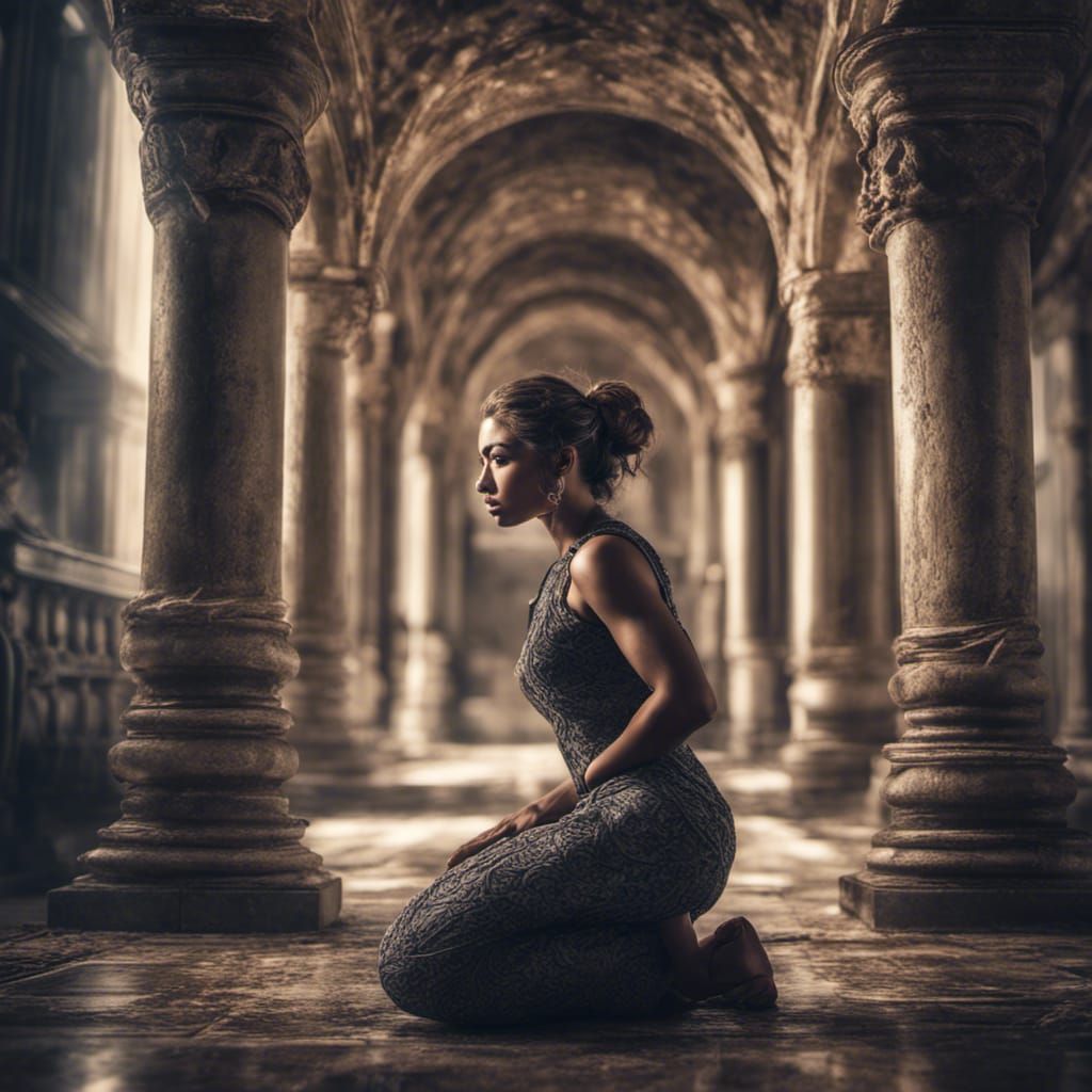 Hyperrealistic Woman Kneeling in Cinematic Style