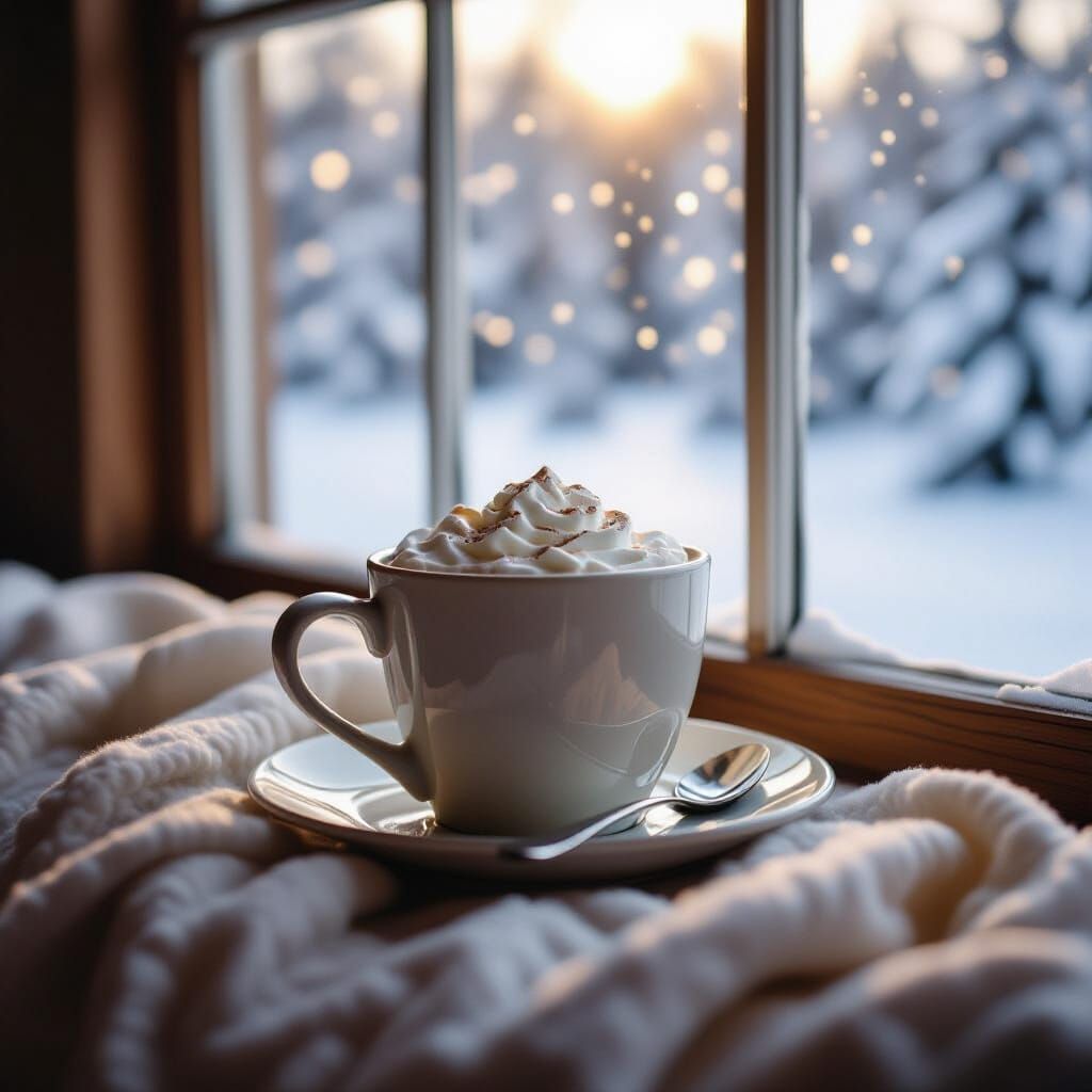 Cozy Hot Cocoa by Frosted Window with Soft Snowfall