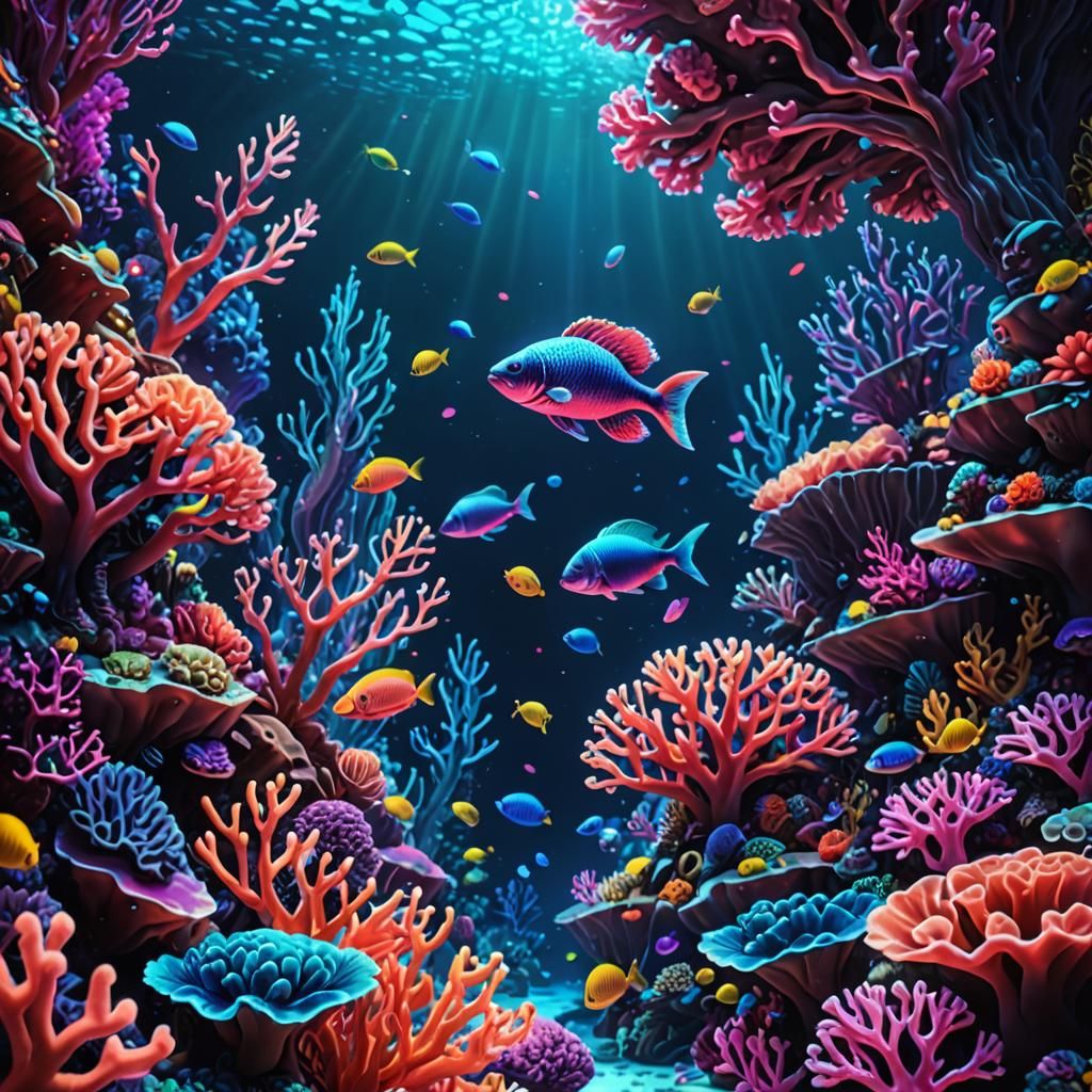 Mysterious Creature in Neon Coral Reef, 3D Render