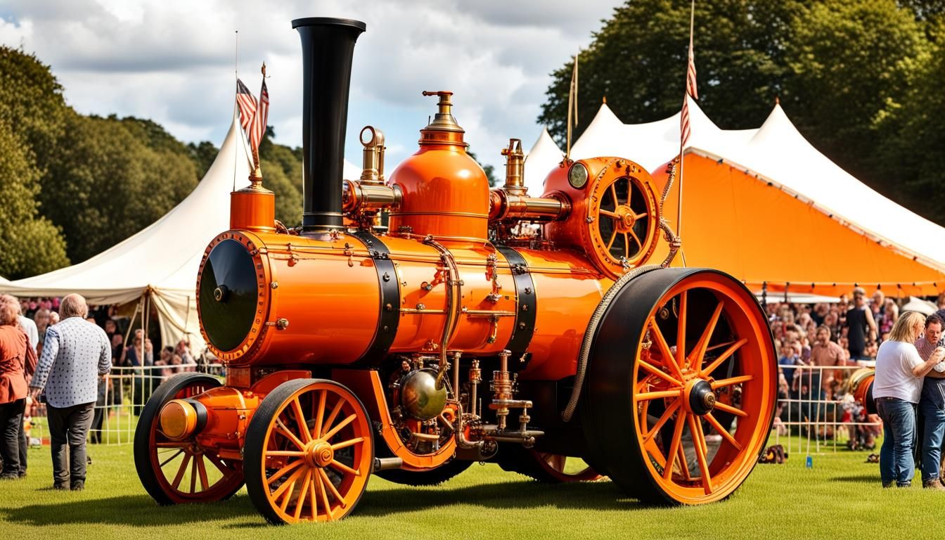 A bright orange steam traction engine at a county fair.