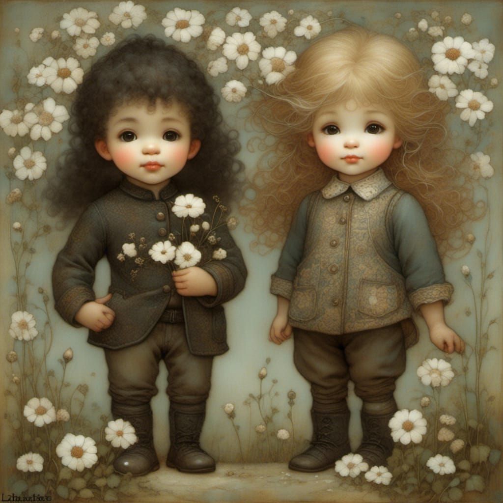 Black Toddlers with Wildflowers, Vintage Illustration