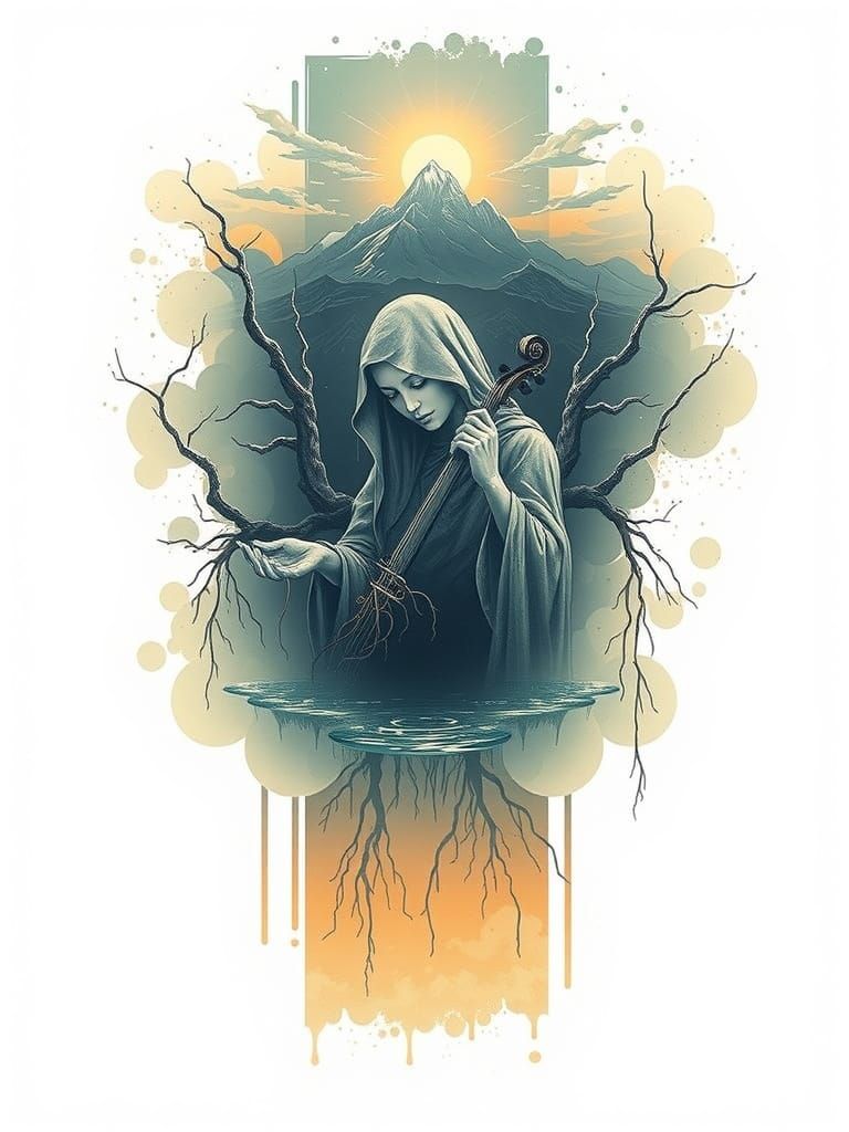 Celestial Mountain Goddess Tattoo Design Over Crystal Lake