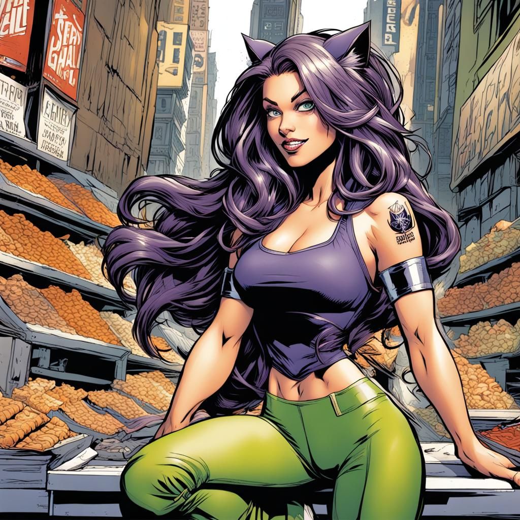 Green-Haired Superheroine with Cat Ears Comic Art