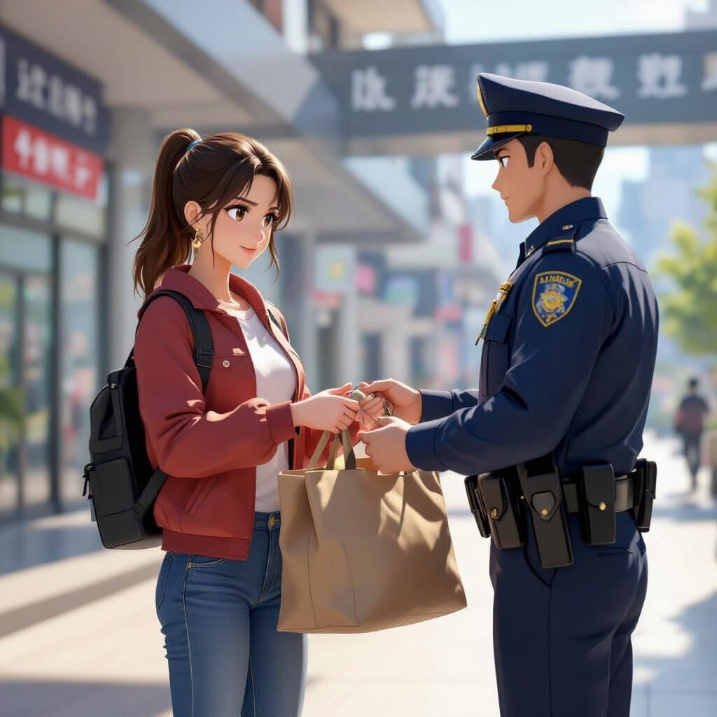 Anime Girl Returns Bag to Police in 3D Render