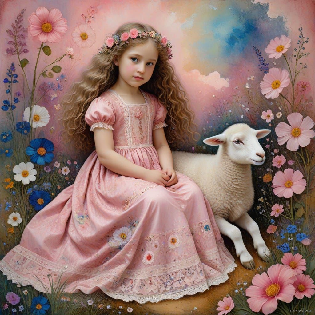 Dreamy Child Goddess with Lamb in Whimsical Textiles