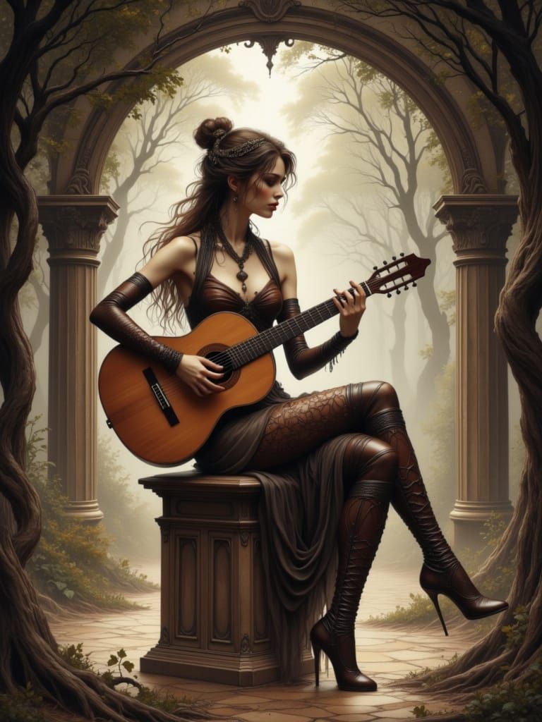 Mediterranean Woman Plays Guitar in Futuristic Sandals