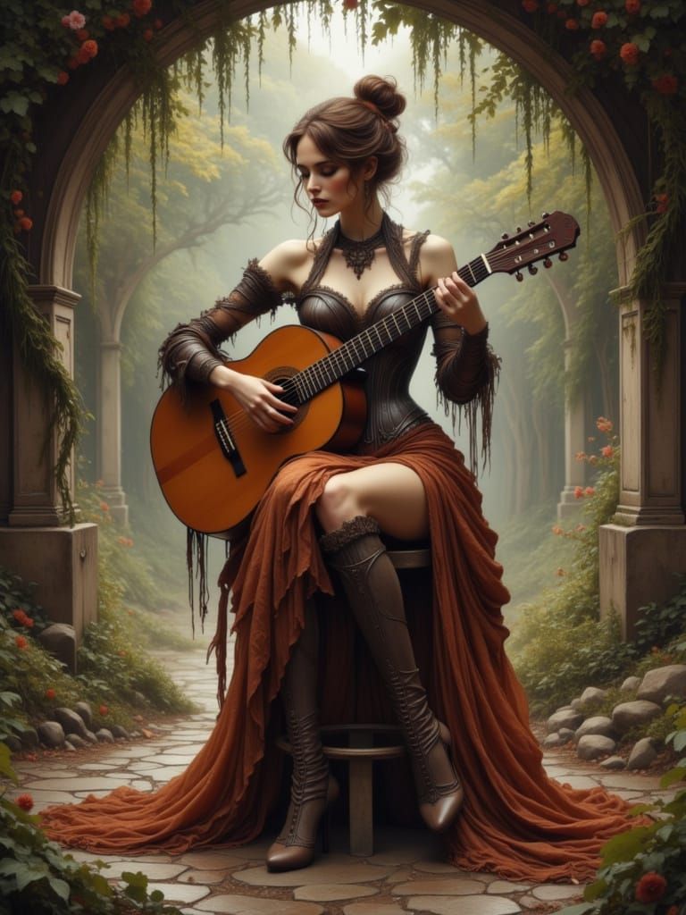 Mediterranean Woman Plays Guitar in Futuristic Roman Sandals