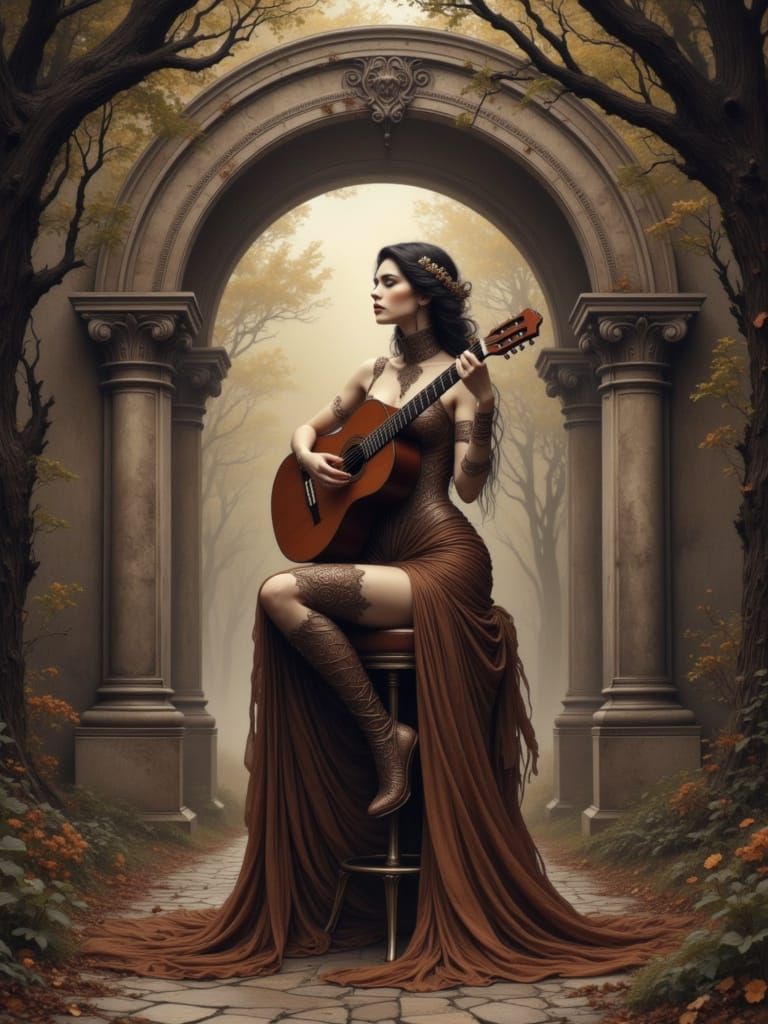Mediterranean Woman Plays Guitar in Forest Archway