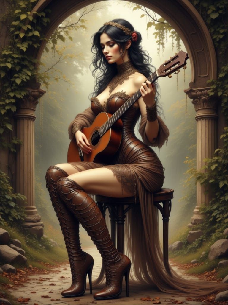 Mediterranean Woman Plays Guitar in Forest Archway