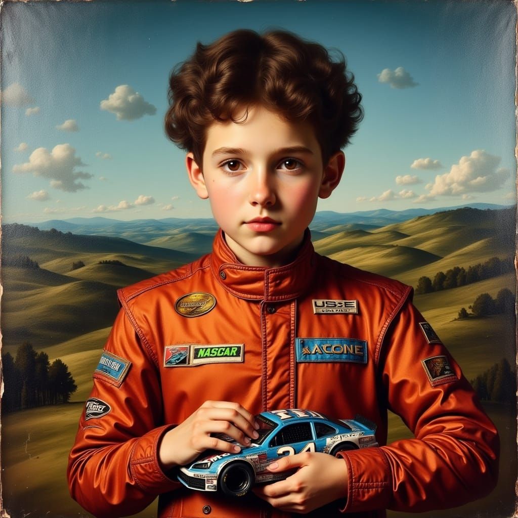 Renaissance Portrait: Boy Race Car Driver with NASCAR Toy