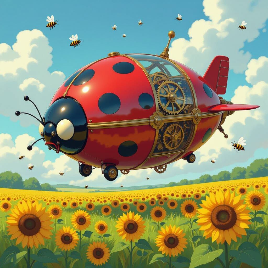 Ladybug Airship Over Sunflower Field, Digital Painting