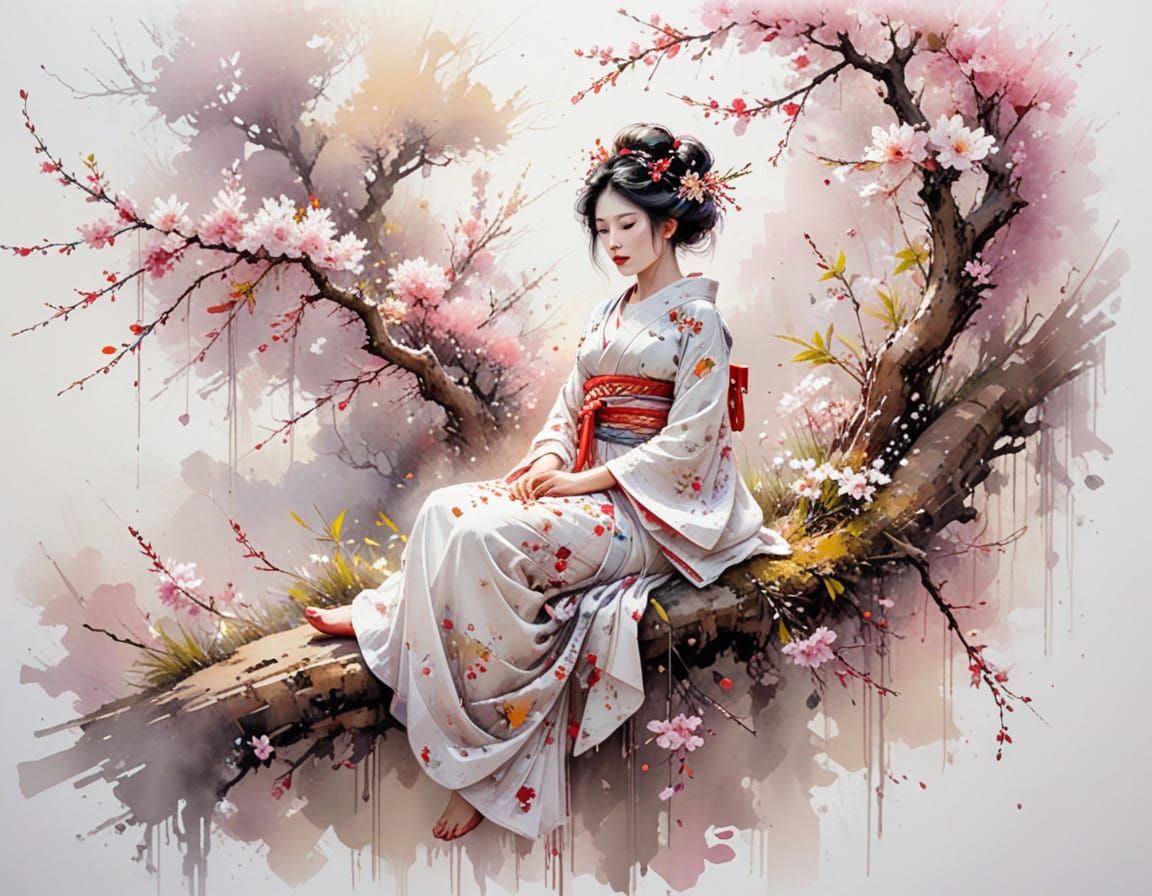 Geisha Under Blossom Tree on Fairytale Path