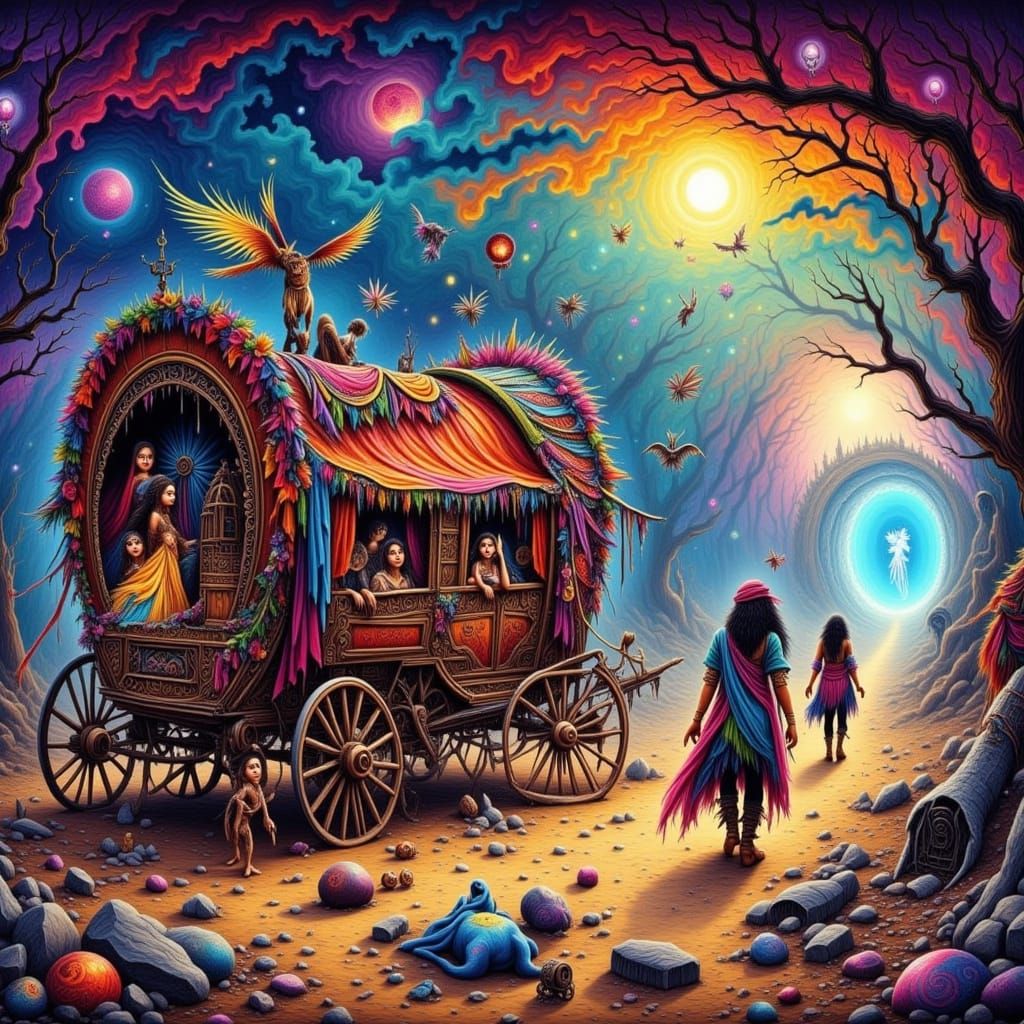 Whimsical Gypsy Caravan Beside Dimensional Portal