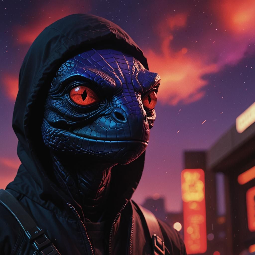 Angry Lizard Alien with Red Eyes in Volumetric Lighting