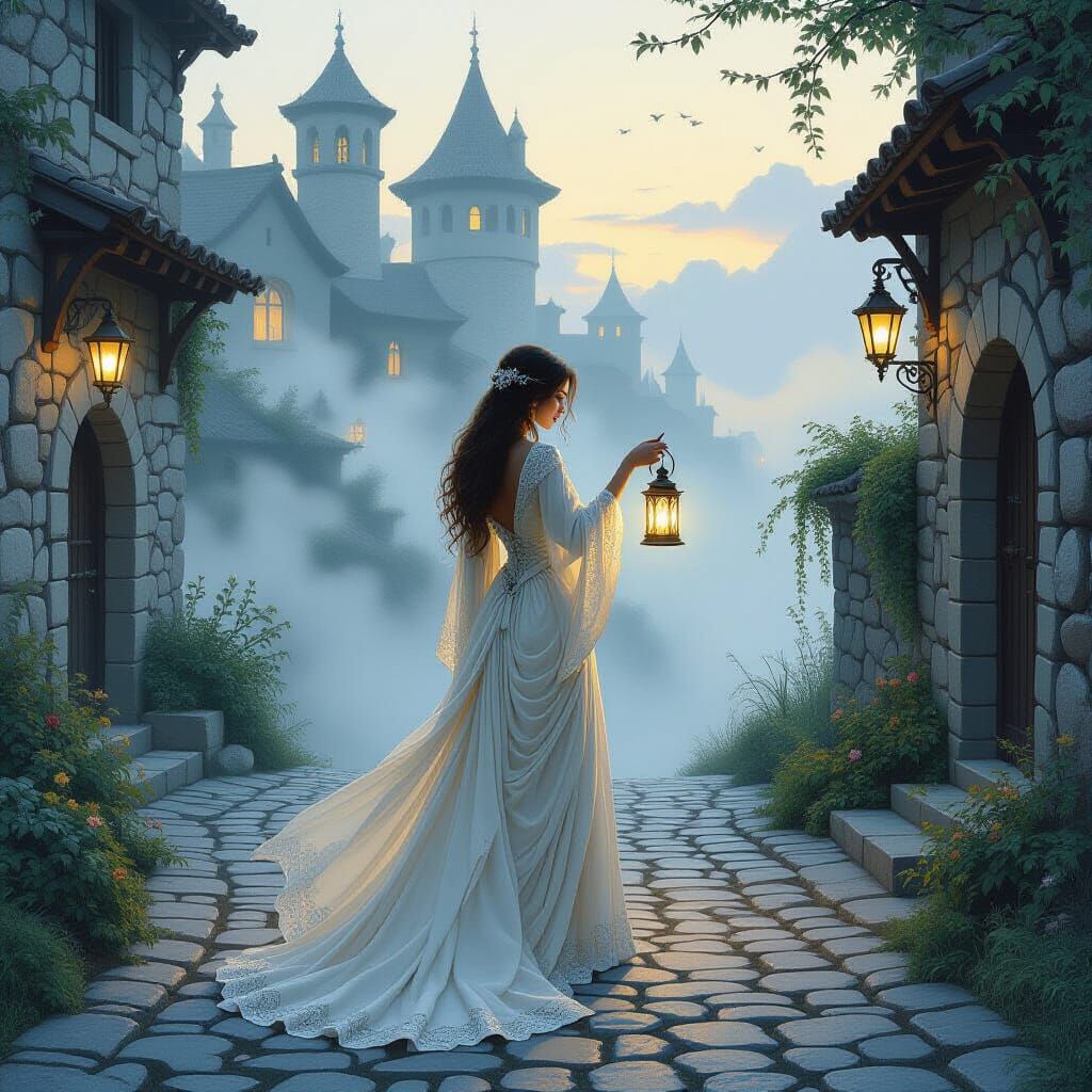 Mystical Woman with Lantern at Cobblestone Crossroads