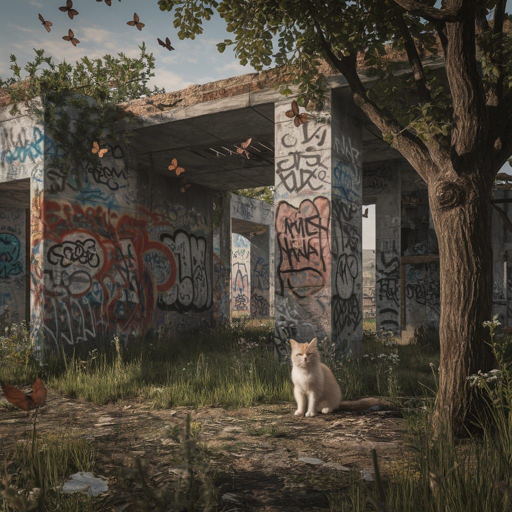 Hyperdetailed Cat in Post-Apocalyptic Ruins