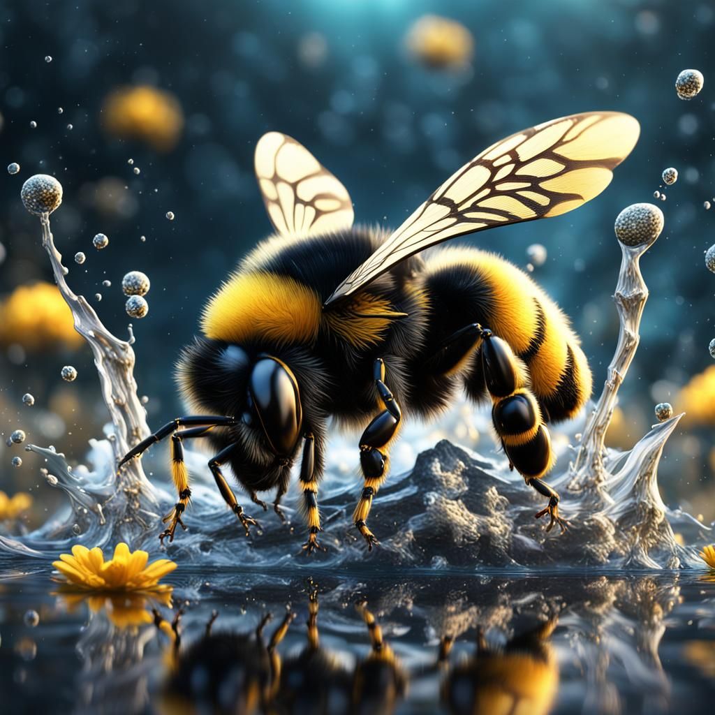 Bumblebee Landing on Water Splash: Detailed Matte Painting