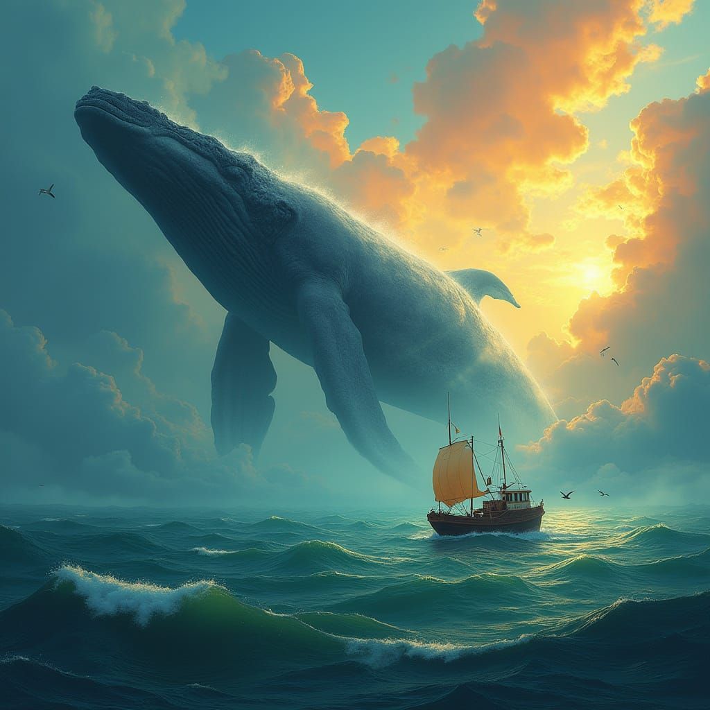 Surreal Whale Swims Through Clouds in Vibrant, Ethereal Sky