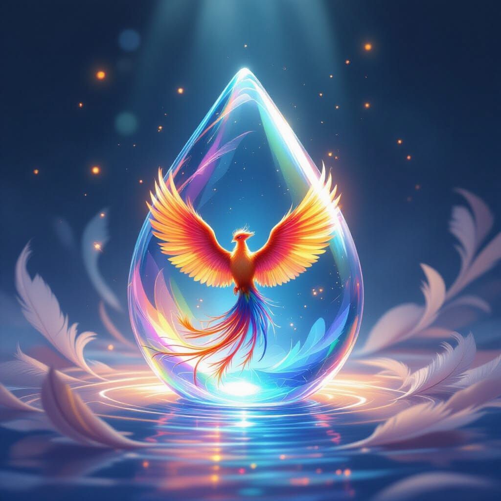 Rainbow Phoenix in Teardrop: Dreamlike Digital Painting