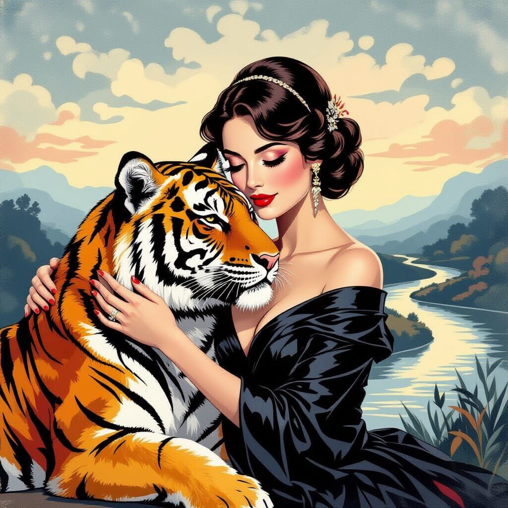 Woman Embracing Tiger in Black and White Pop Art