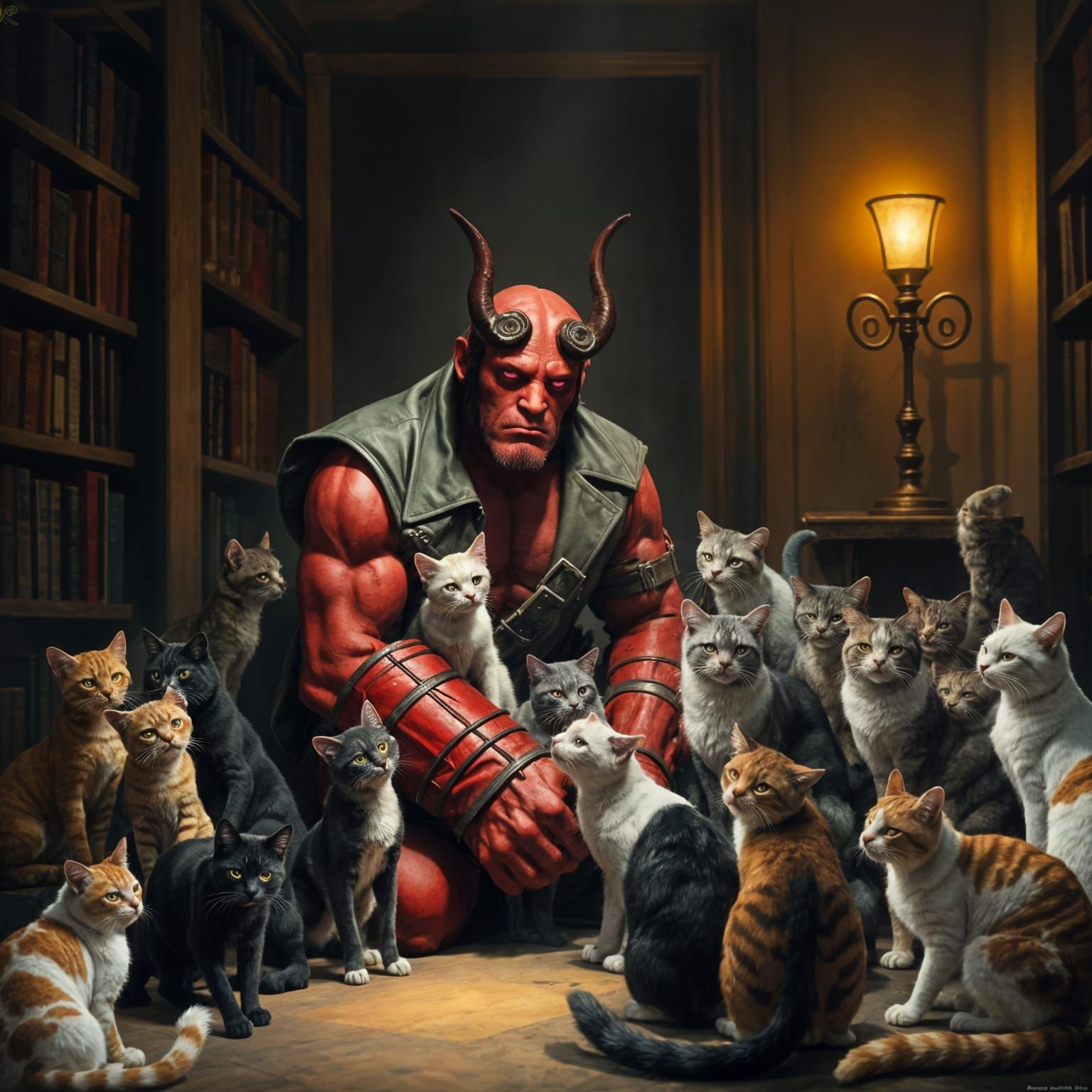 Hellboy Kneels Among Cats in Oil Painting Style