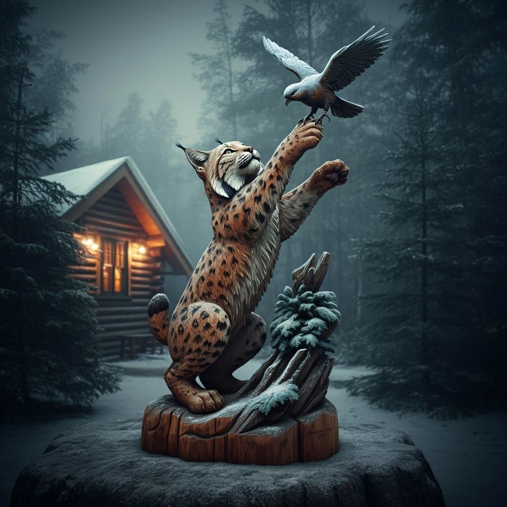 Wood Carved Bobcat Statue on Snowy Cabin Pedestal