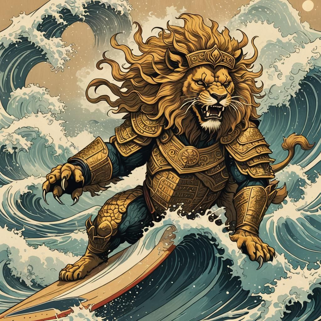 Lion Samurai Surfing Wave in Ukiyo-e Style
