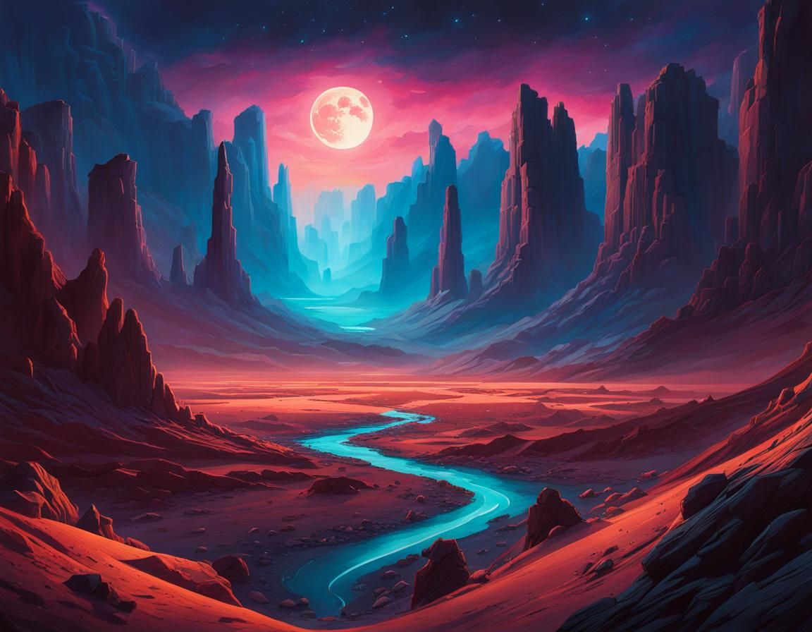 Bioluminescent Desert Canyon at Night in Watercolor Style