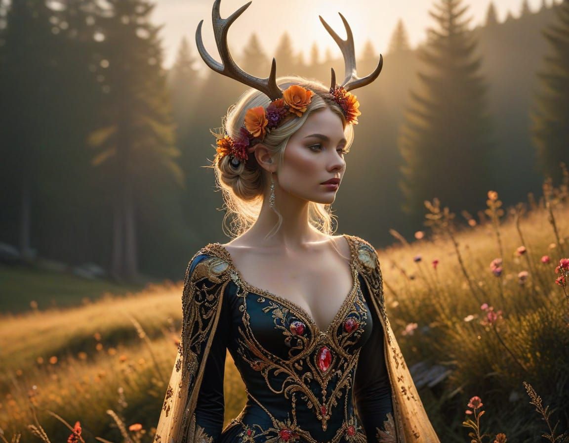 Ethereal Alpine Goddess with Floral Crown and Stag Antlers