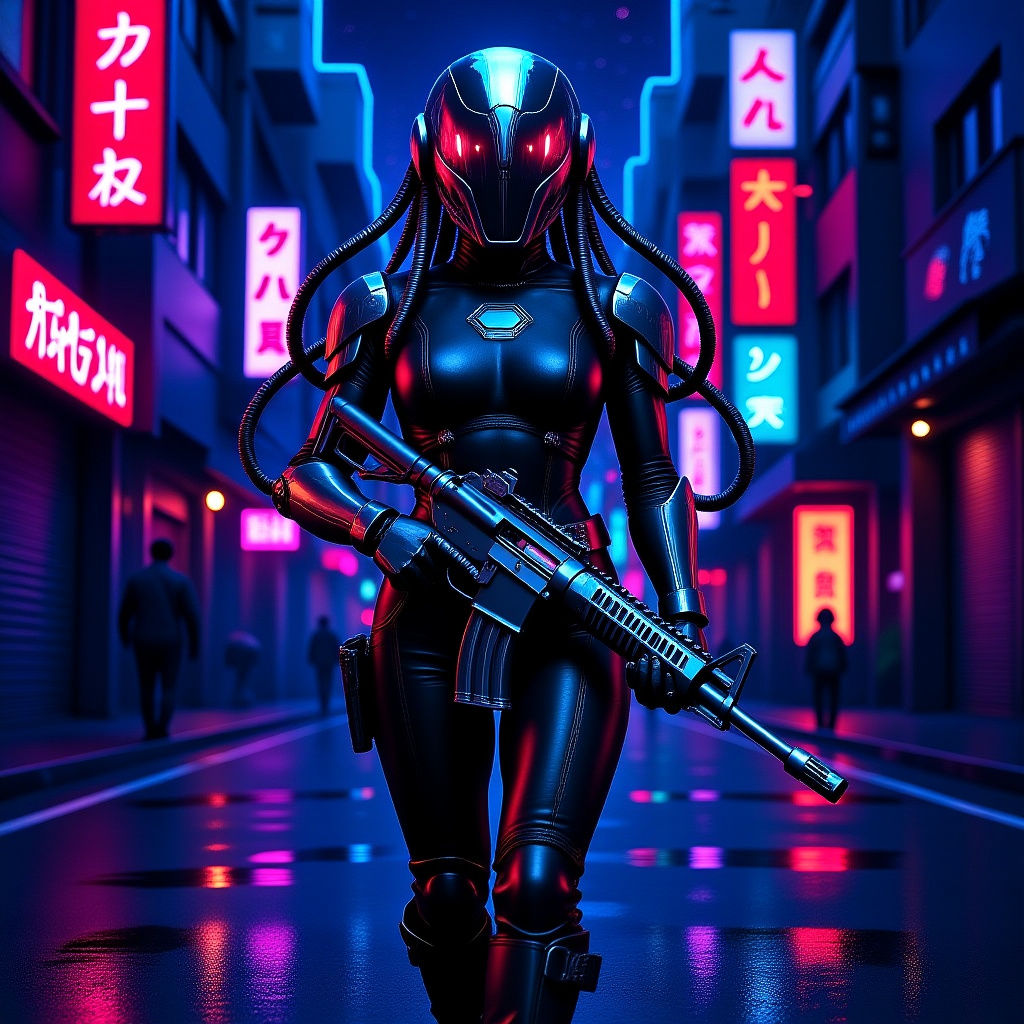 Chrome Android in Neo Tokyo in Cyberpunk Style