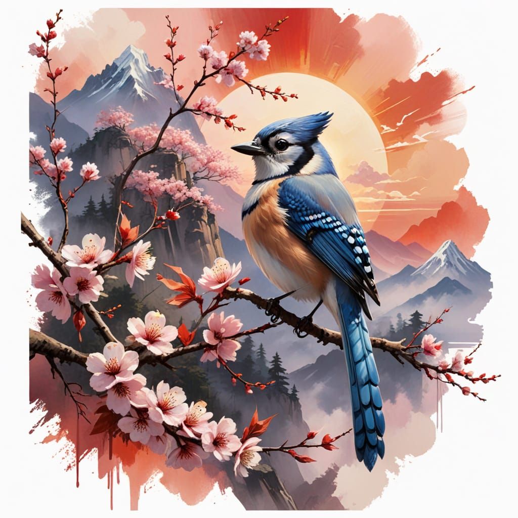 Vibrant BlueJay on Blossoming Branch Against a Dramatic Suns...