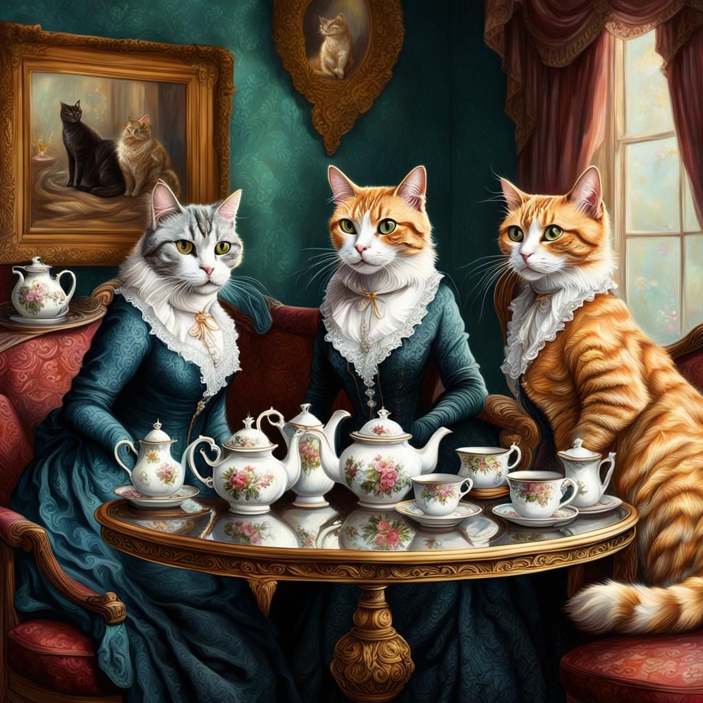 Victorian Cat Ladies Tea Party: Hyperrealistic Digital Art