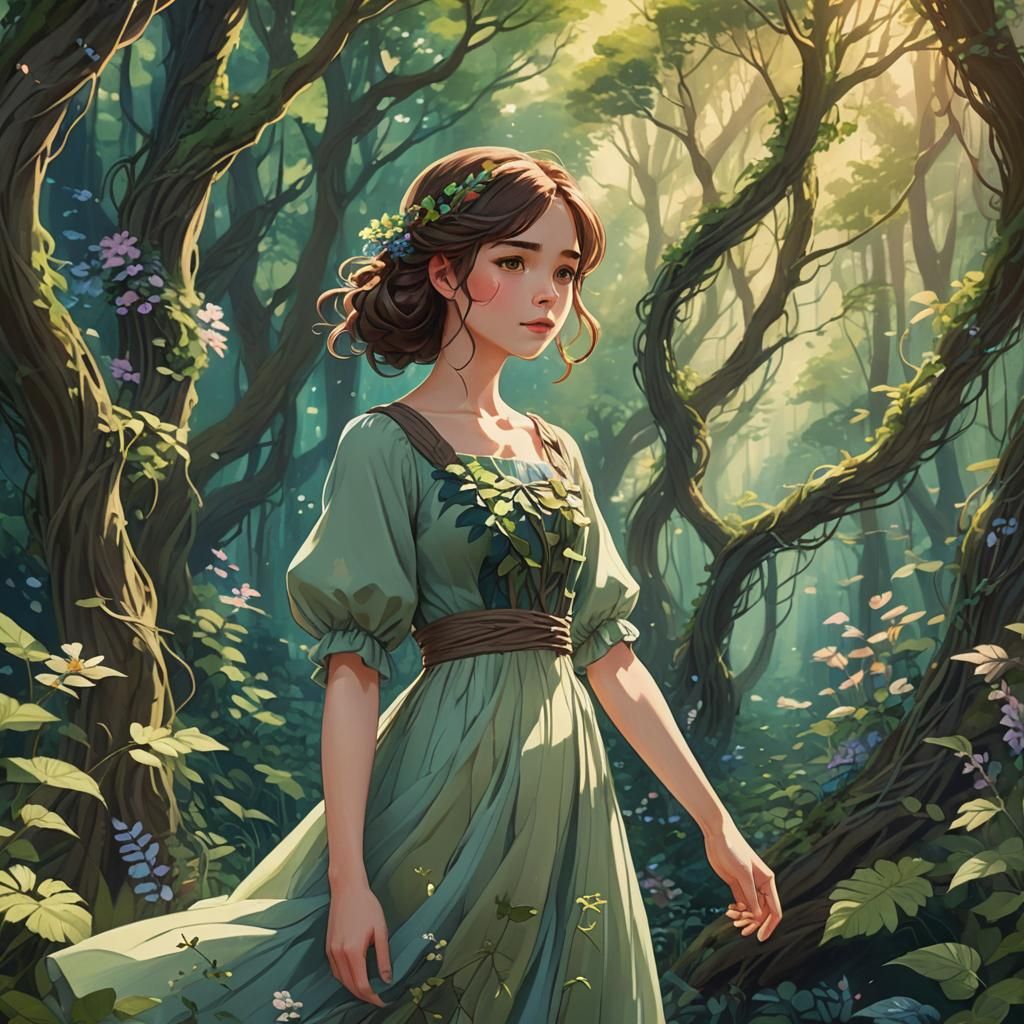 Girl in Lush Forest, Dreamlike Fantasy Art