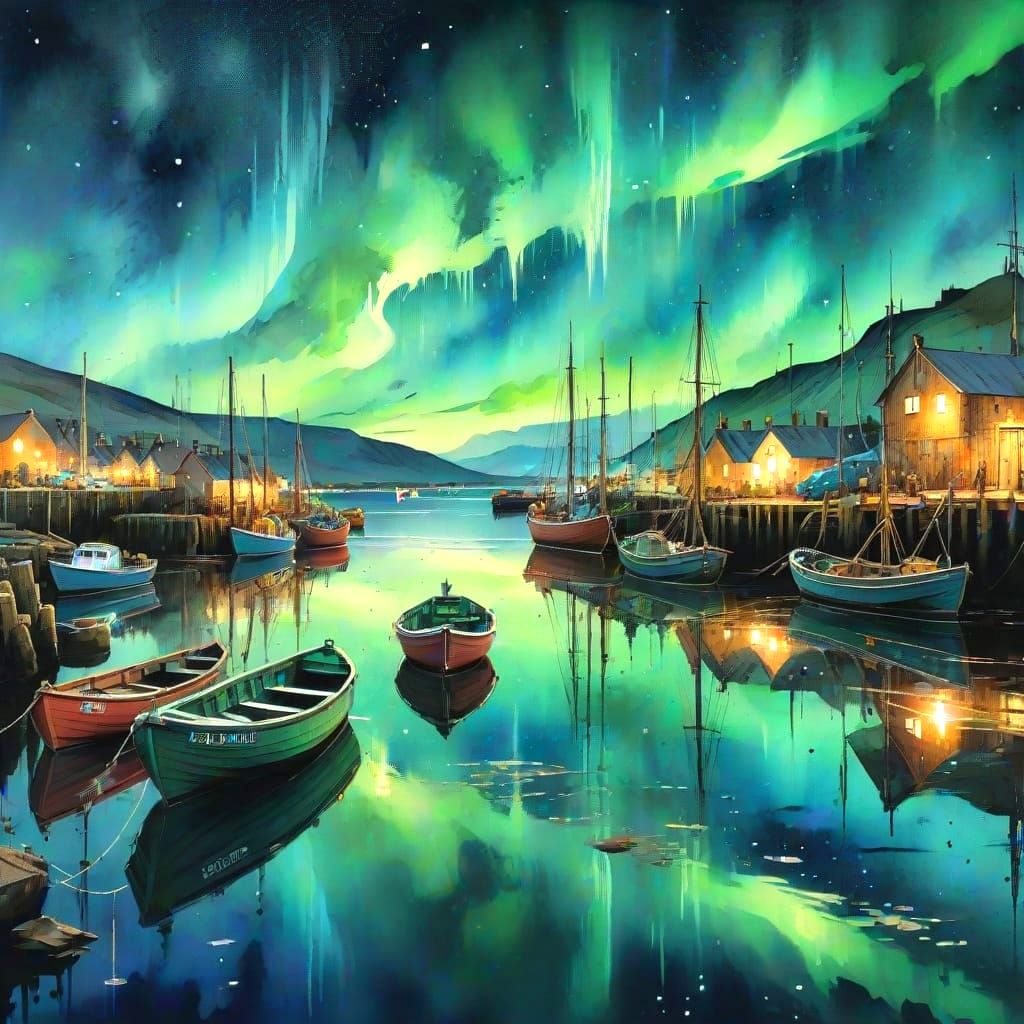 Scottish Harbor Under Aurora Borealis in Watercolor Style