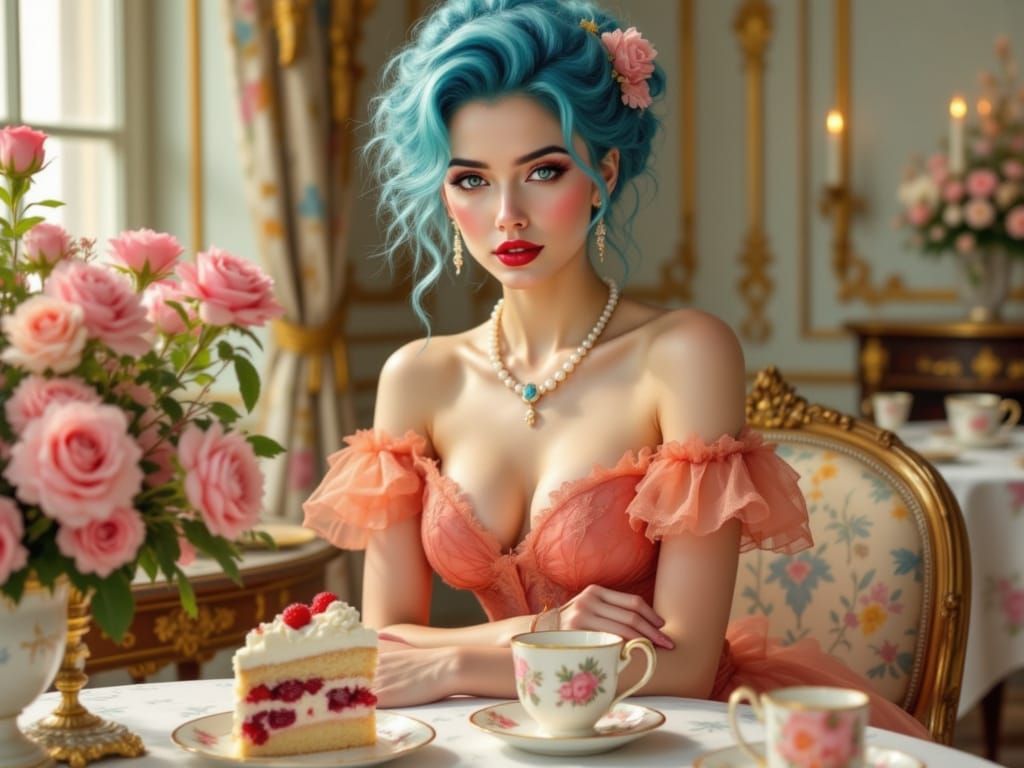 Rococo Goddess in Lavish Tea Room