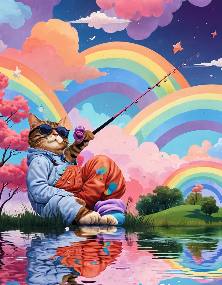 Tabby Cat Fishing in Rainbow Pond, Expressionist Watercolor